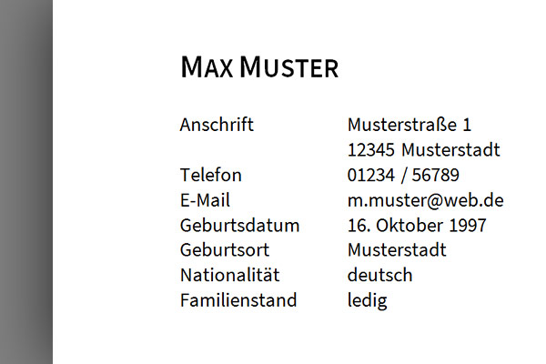 Lebenslauf: Name, Anschrift, Telefon, Geburtsdatum, Geburtsort, Nationalität, Familienstand