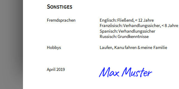 PDF: Unterschrift & Datum beim Lebenslauf